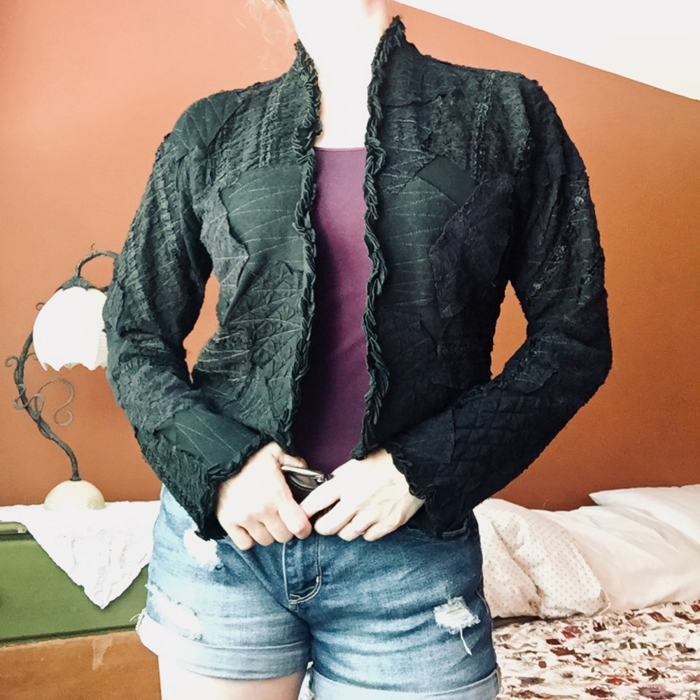 Funky Black Jacket of Lacey Patchwork Shadows